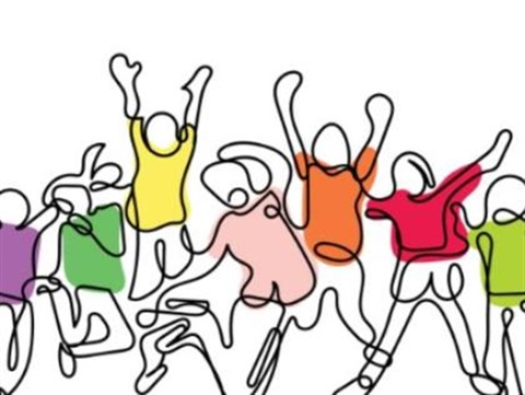 Abstract sketch of people jumping with colourful shirts