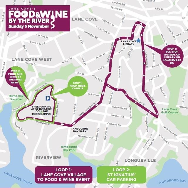 Shuttle bus map for Food and Wine by the River