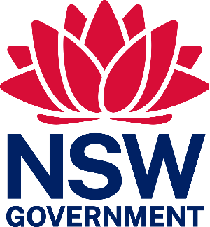 NSW Government logo. A red waratah sits on top of NSW Government written in navy blue.