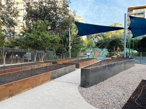 The garden beds at Hughes Park Community Garden. The raised beds are filled with soil ready for planting.