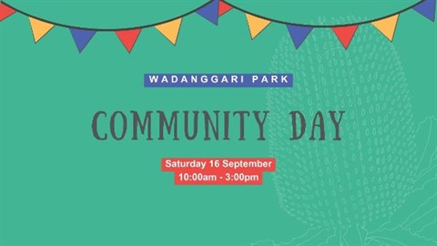 Community Day graphic. There is coloured bunting and a banksia illustration.