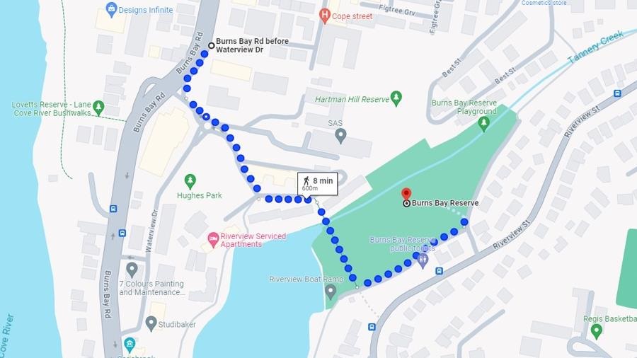 Map of walk from Burns Bay Rd bus stop to Burns Bay Reserve