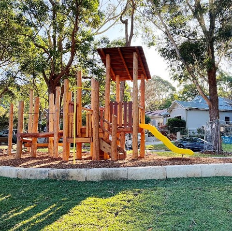 Timber play equipment at Best Street Playground.