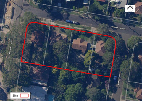 An aerial shot of the development site on Mindarie Street. There is a red outline to show where the complex will be built.